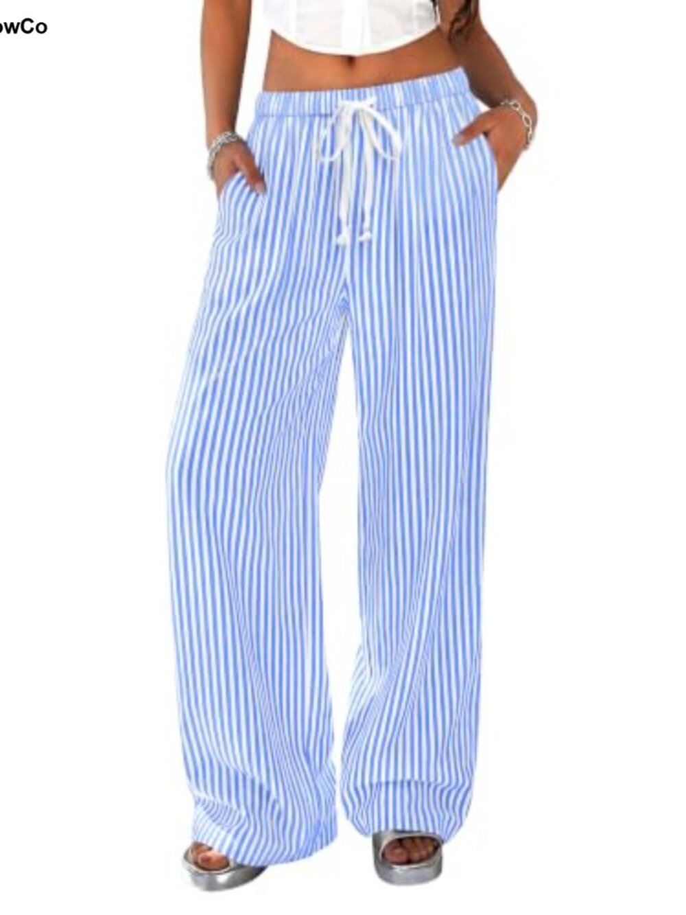 Striped Wide Leg Palazzo Pants Drawstring Pockets Casual Lounge Travel